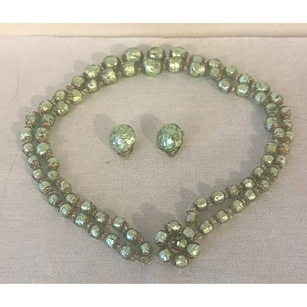 Vintage MURANO GLASS NECKLACE & CLIP EARRINGS Venetian Green Gold-Mario Sanzogno